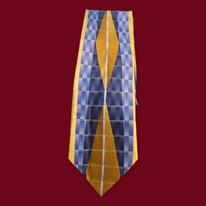 STACY ADAMS Geometric Modernist Blue and Gold Silk Extra Long Tie